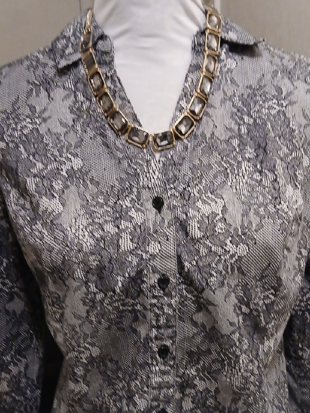 Lane Bryant Black and Gray Printed Button-Down Shirt